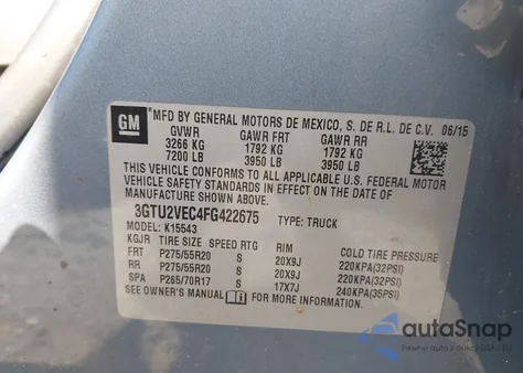 2015 GMC Sierra 1500 Slt from USA, damaged, VIN 3GTU2VEC4FG422675